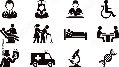 Healthcare silhouette icon set with doctors, nurses, patients, ambulance, microscope, and DNA for medical graphics