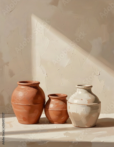 Terracotta Still Life in Japandi Style With Minimalist Oil Painting Texture