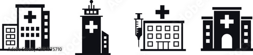 Hospital building silhouette icons with medical cross and healthcare facility designs for clinical and medical graphics