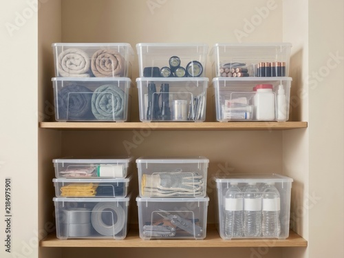 emergency household supplies Clear plastic storage bins neatly organized on wooden shelves in a closet