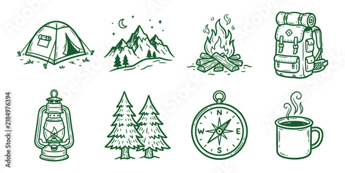 Set of camping and outdoor adventure hand drawn sketch icons with hiking gear