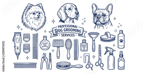 Professional dog grooming services icons set for pet care salon and boutique