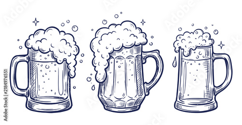 Three beer mugs with overflowing frothy foam heads draft beer pub culture