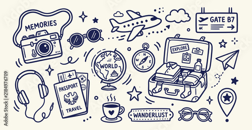 Travel themed hand-drawn doodle set with passport and airplane