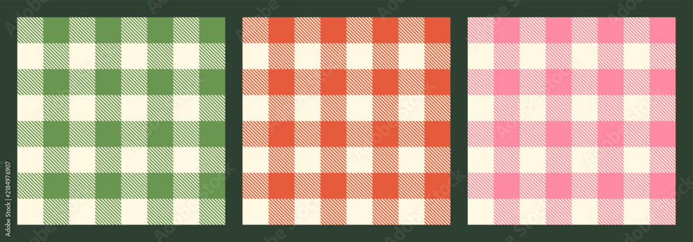Obraz premium Pink, green and red buffalo plaid check seamless vector pattern set, cute checkered backgrounds for Christmas designs