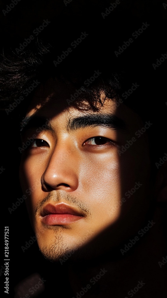 Fototapeta premium Dramatic portrait photograph featuring strong side lighting creating deep shadows across facial features, with warm highlights emphasizing depth and texture in a dark setting.