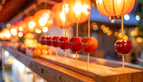夜祭りの提灯に照らされた屋台のりんご飴の並び