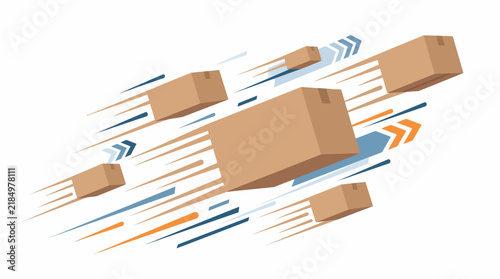 Express Delivery Concept: A dynamic illustration depicting several cardboard boxes in motion, conveyed with speed lines and directional arrows, symbolizing rapid delivery and logistics.