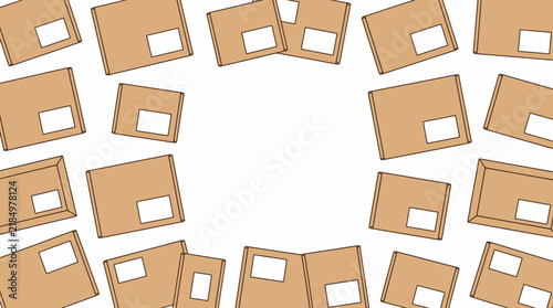 Cardboard Boxes Border: A whimsical arrangement of brown cardboard boxes, each with a blank label, forms a creative border around a blank space, ideal for showcasing products or messages.