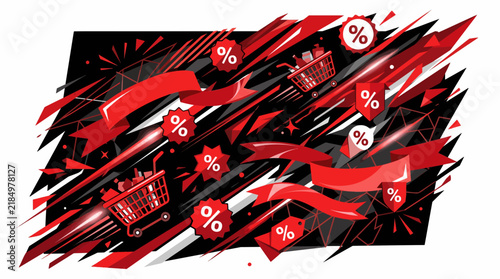 Dynamic Sale Extravaganza: Red and black abstract background with shopping carts, ribbons, and percentage signs creates a sense of urgency and excitement for a massive sale event.