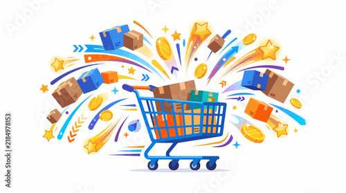 Online Shopping Cart: A vibrant illustration depicts a blue shopping cart overflowing with packages, surrounded by shooting stars, coins, and colorful abstract shapes.