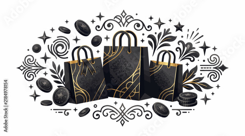 Luxury Shopping Bags with Ornate Details: Elegant black shopping bags adorned with intricate gold patterns, presented amidst decorative flourishes and scattered coins.