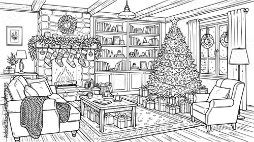Elegant Christmas Living Room with Library and Tree, Black White Interior Vector