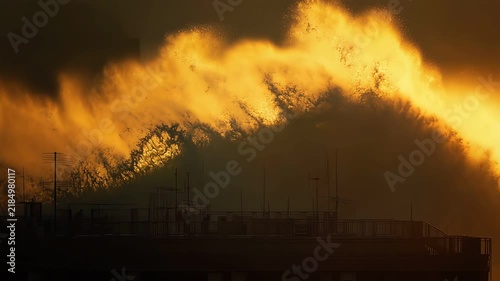 Massive golden ocean wave crashing over dark city silhouette at sunset