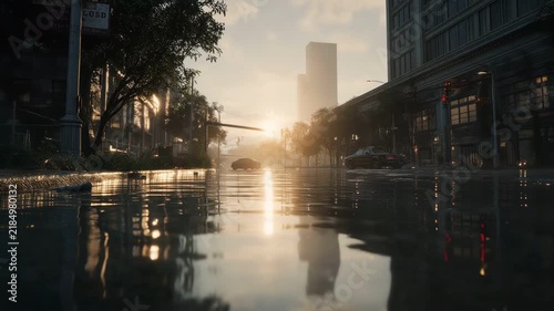 Calm flooded city street reflecting golden sunset light cinematic style