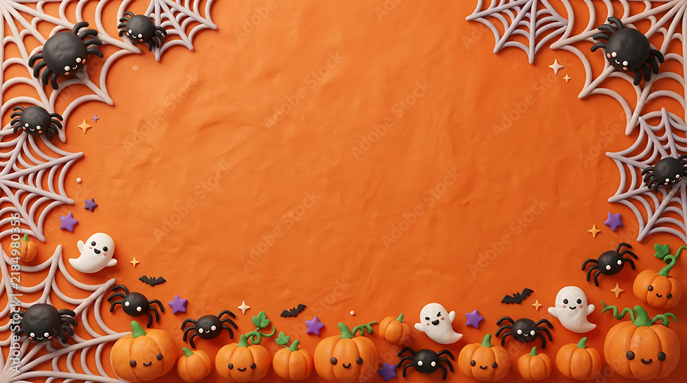 Fototapeta premium Cute Halloween Pumpkins Spiders Ghosts Cobwebs Festive Orange Border Flat Lay