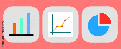 Flat vector illustration of financial charts and graphs icon set including bar chart, growth line graph, and pie chart. Business data analytics template for dashboard UI and corporate report.