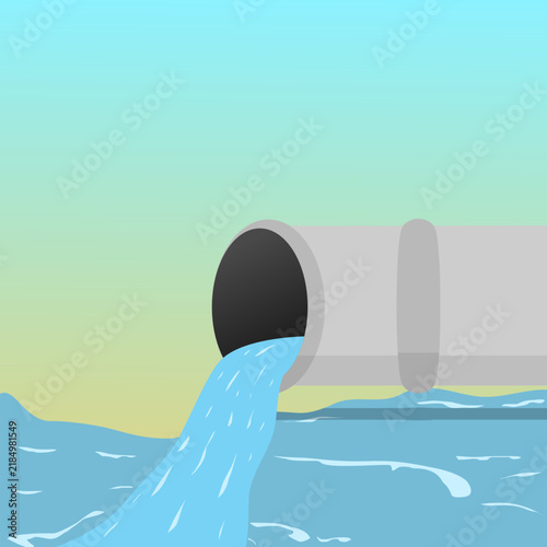 Flat vector illustration of an industrial drainage pipe pouring water into a river. Environmental conservation concept template for water management, sanitation system, and pollution graphic.