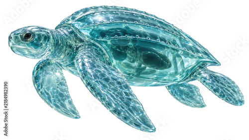 Transparent teal glass sea turtle with shell plate and flipper detail. 3D CGI isolated on white background, Frutiger Aero glass aesthetic.