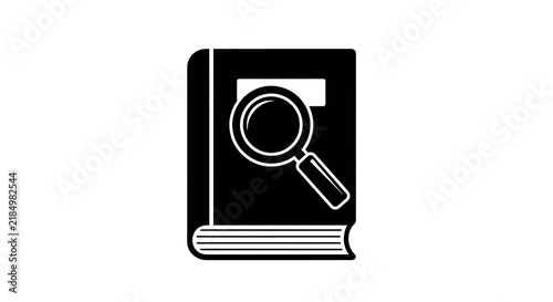 Black book icon with magnifying glass for research and education study symbol