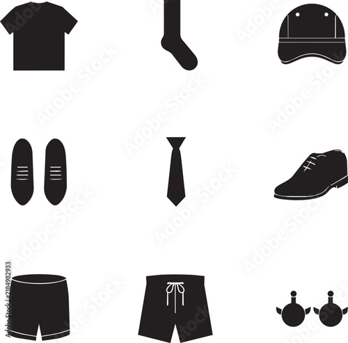Minimalist Clothing and Apparel Vector Icons Set Featuring Shirt Sock Cap Shoes Tie and Shorts
