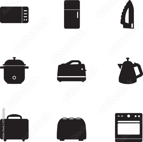 Minimalist Household Appliance Vector Icons Set Featuring Microwave Refrigerator Iron Kettle and Stove