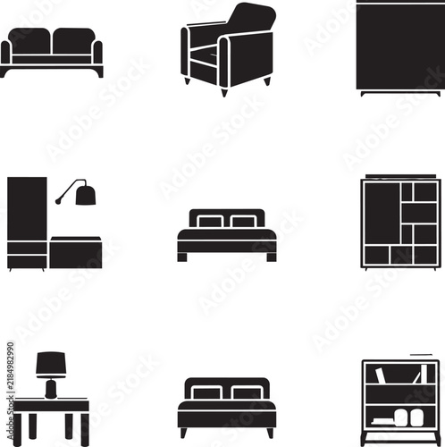 Minimalist Home Furniture Black Vector Icons Set Featuring Sofa Armchair Wardrobe Lamp and Bed