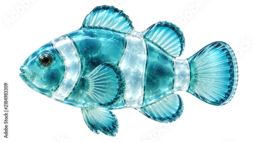Transparent teal glass clownfish with fin ray and body stripe detail. 3D CGI isolated on white background, Frutiger Aero glass aesthetic.