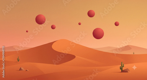 Minimal Abstract Desert Landscape Background with Orange Sand Hills Floating Spheres Modern Illustration Wallpaper