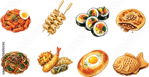 Vector Illustration Isolated watercolor Korean street food clipart bundle on white background for restaurant menu design