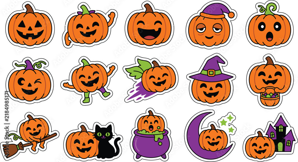 Fototapeta premium Halloween pumpkin characters with various fun and spooky expressions stickers