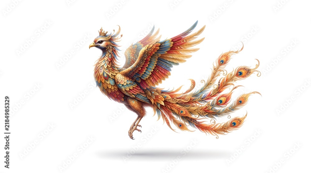Obraz premium Vibrant Watercolor Illustration of a Mythical Phoenix Bird in Flight.