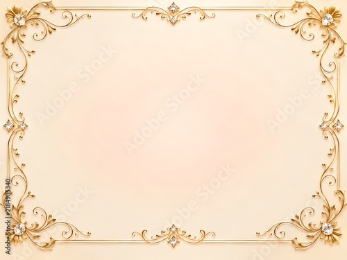 Ornate golden decorative frame with floral filigree patterns and sparkling gemstone accents on a soft beige background texture