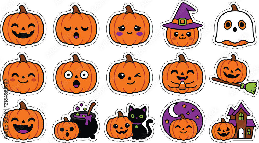 Fototapeta premium Halloween themed cartoon clipart with pumpkins ghosts and witches for creative projects