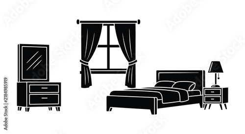 Bedroom furniture arrangement depicted as a black silhouette against a white background