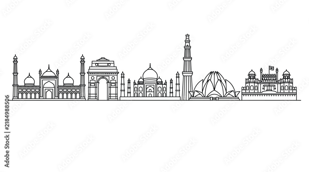 Obraz premium Detailed line art illustration of famous historical Indian landmarks featuring intricate architecture and sharp silhouettes