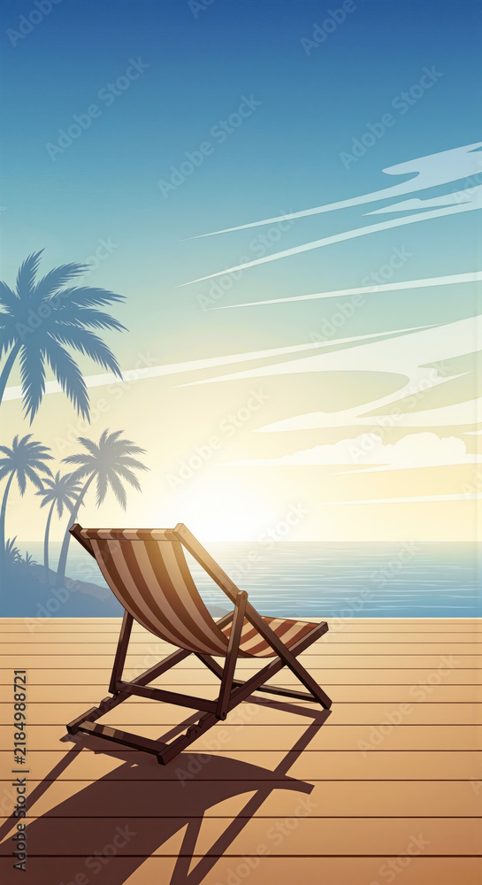 Obraz premium Wooden deck chair on seaside terrace overlooking sunset ocean with silhouetted palm trees