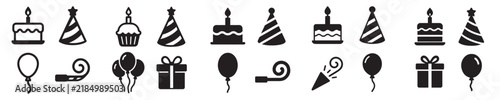 Set of 20 Party and Birthday Silhouette Icons, Celebration Vector