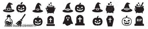 Set of 20 Halloween and Witch Silhouette Icons, Spooky Vector Illustration