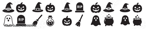 Set of 20 Halloween Silhouette Icons, Spooky Pumpkin Ghost Vector