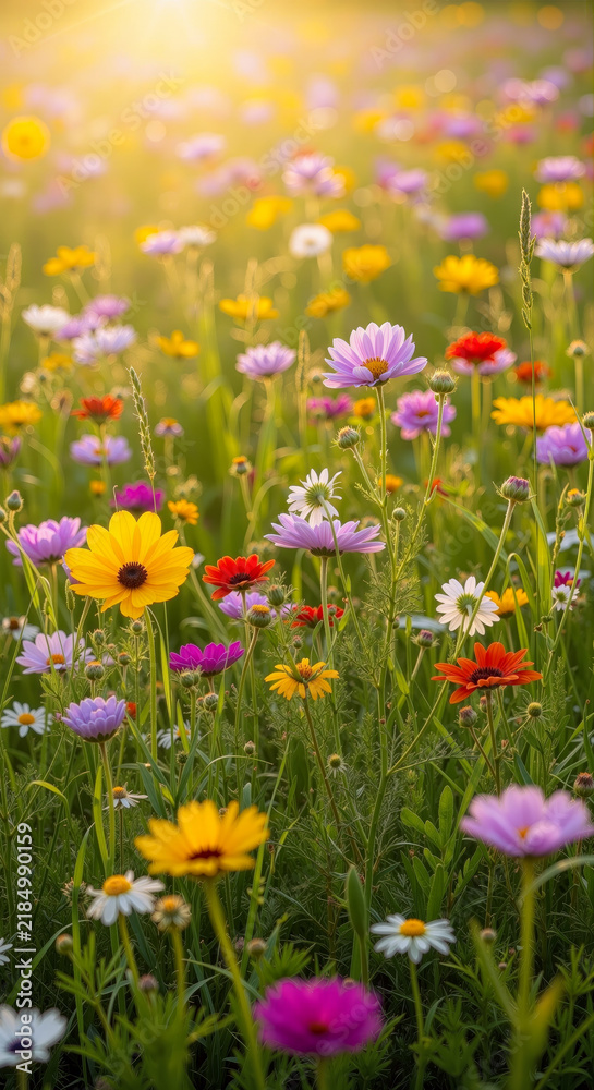Fototapeta premium Colorful wildflower field blooming under warm golden sunlight in summer meadow