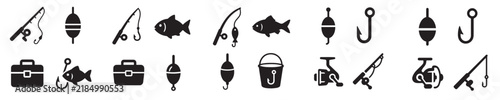 Set of 20 Fishing Equipment Silhouette Icons, Tackle Vector Illustration