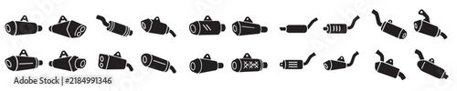 Set of 20 Exhaust Muffler Silhouette Icons, Motorcycle Sparepart Vector