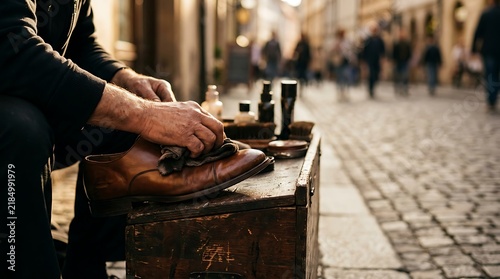 Cobbler Polishing Leather Shoe on Cobblestone Street with Blurred Pedestrians in Background
