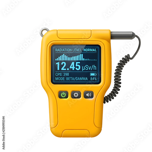 Yellow handheld digital radiation detector showing normal levels on the screen.