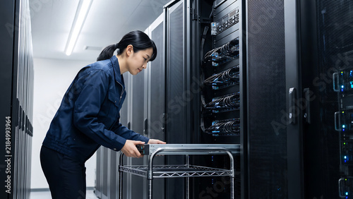 Fototapeta kuchenna サーバーラック前で台車上の薄型サーバーを扱う女性技術者がいるデータセンター設備室