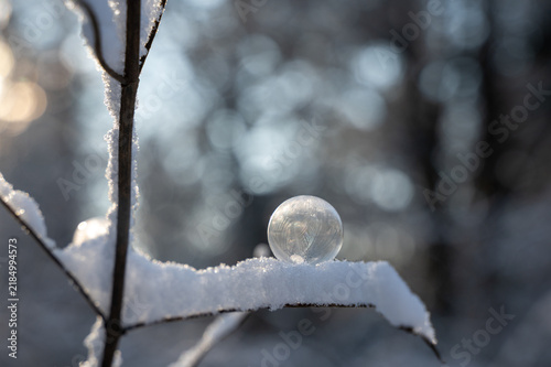 Frozen soap bubble in the snow, on a cold winter day