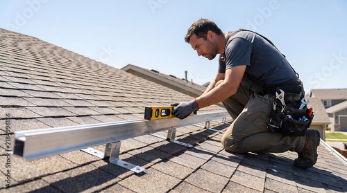 Solar installer holding a laser alignment tool against a bare unmounted rooftop rail