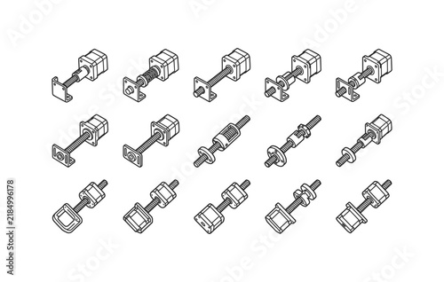Bild auf Leinwand Lead screw assembly stepper motor linear actuator and ball screw line icon set v