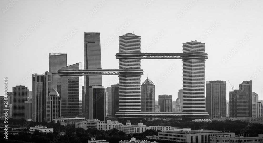 Fototapeta premium Modern City Skyline with Unique H-Shaped Connecting Buildings